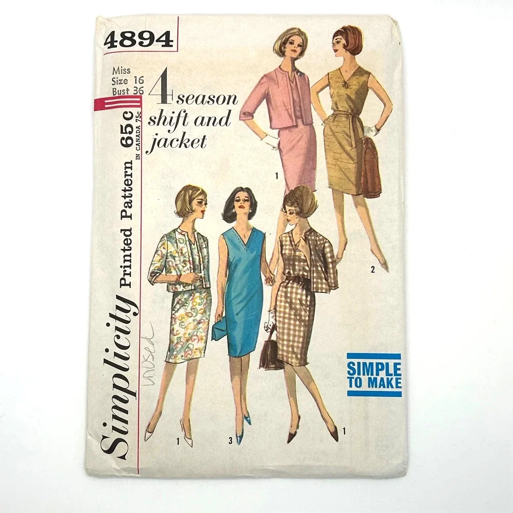 Simplicity Vintage 1960's Pattern #4894  Jr. and Misses Shift and Jacket Size 16